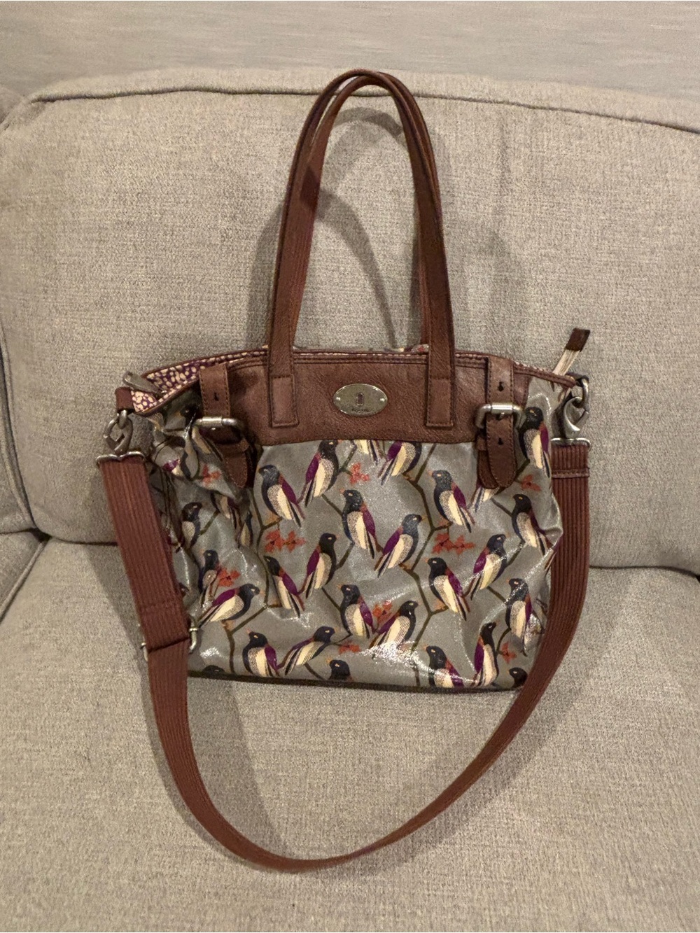 Canvas Tote Bag with Bird Print and Brown Trim